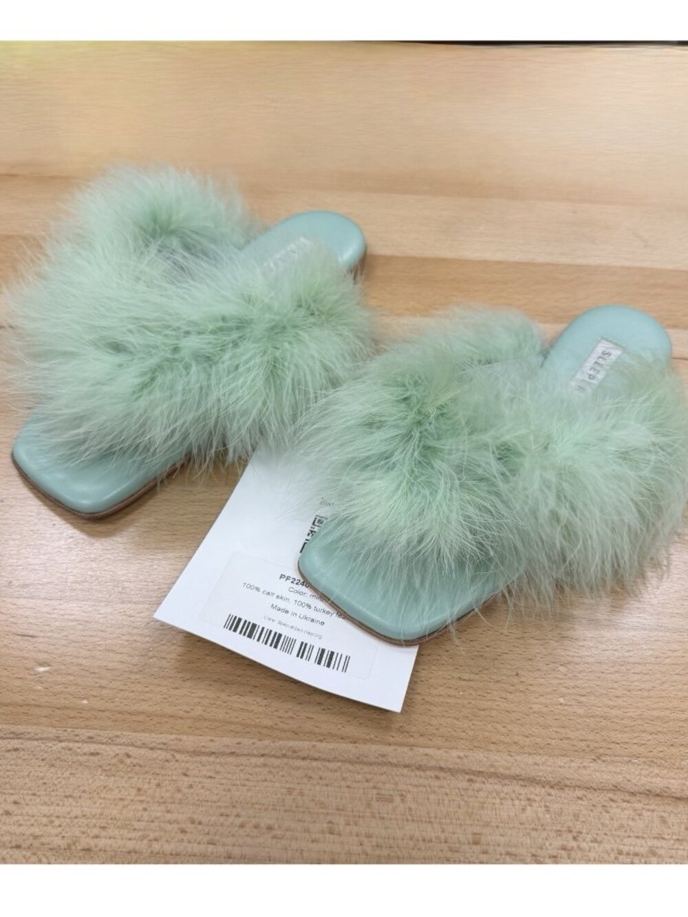 Sleeper Pom Slide Sandals with Feathers in Mint Blue sz 35 EU / US 5 Women's